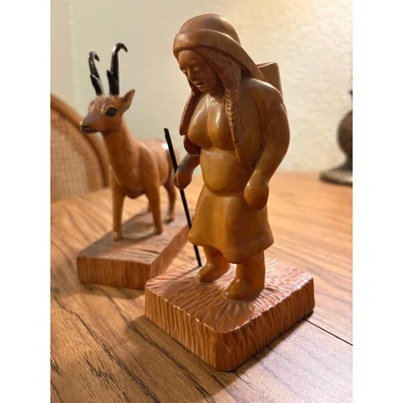 2x BLACK FOREST VINTAGE Hand Carved Wood Set Chamois Goat Tyrolean Woman Alpine